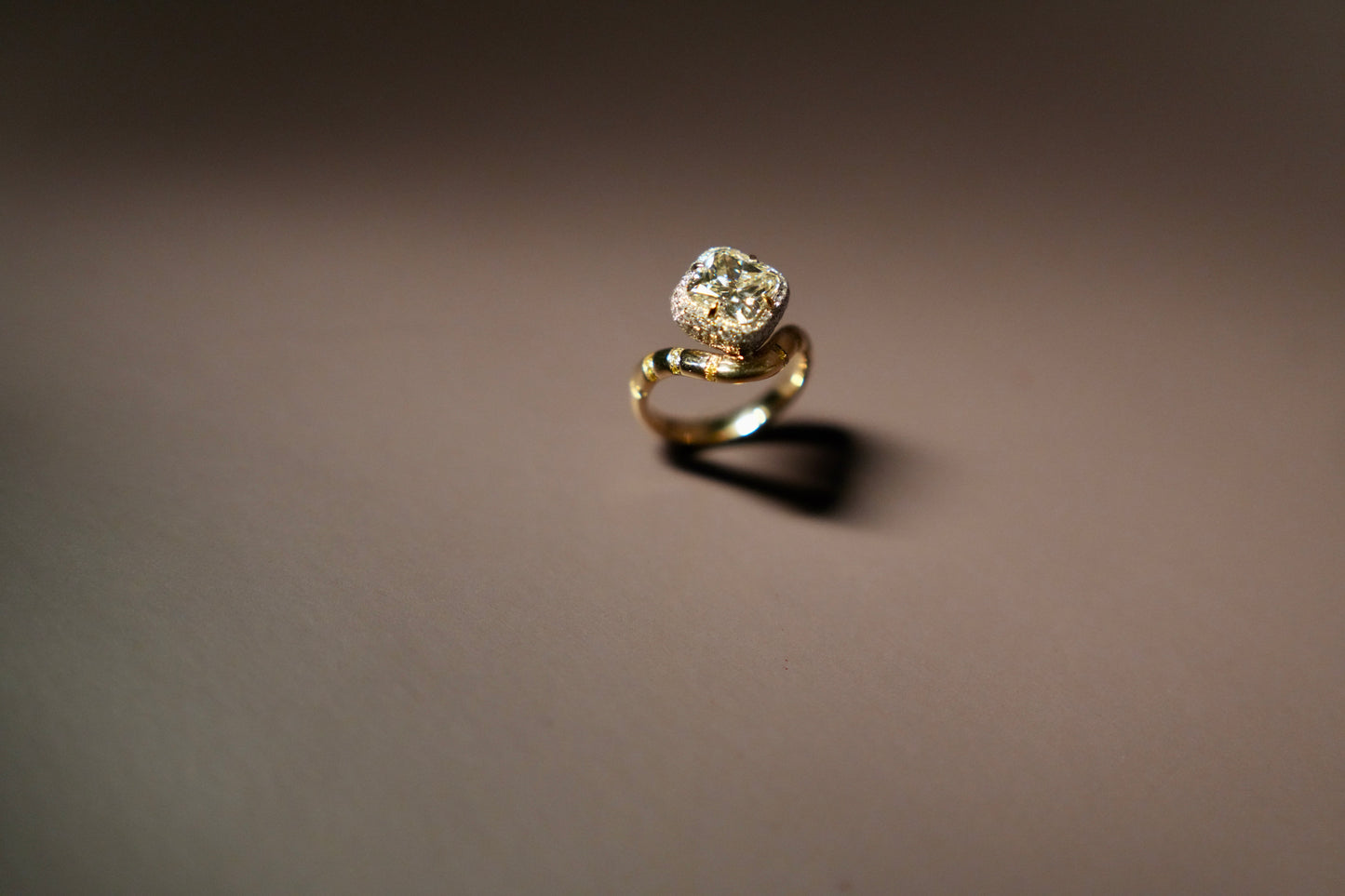Carolyn and Ryan's Perched Yellow Diamond with White Mosaic Pavé Ring