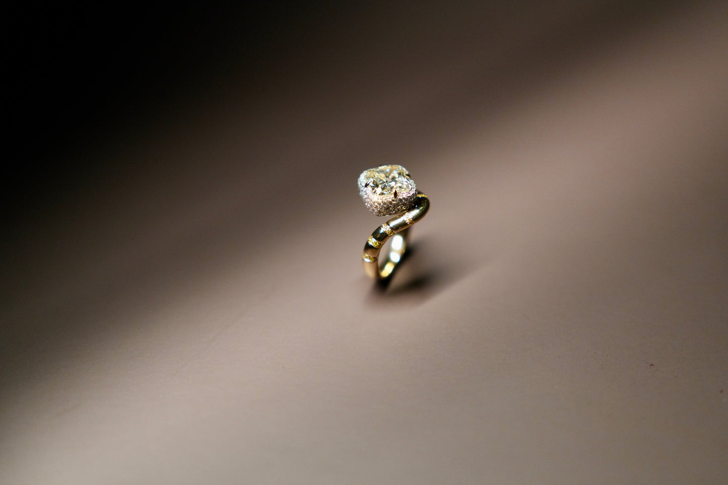 Carolyn and Ryan's Perched Yellow Diamond with White Mosaic Pavé Ring