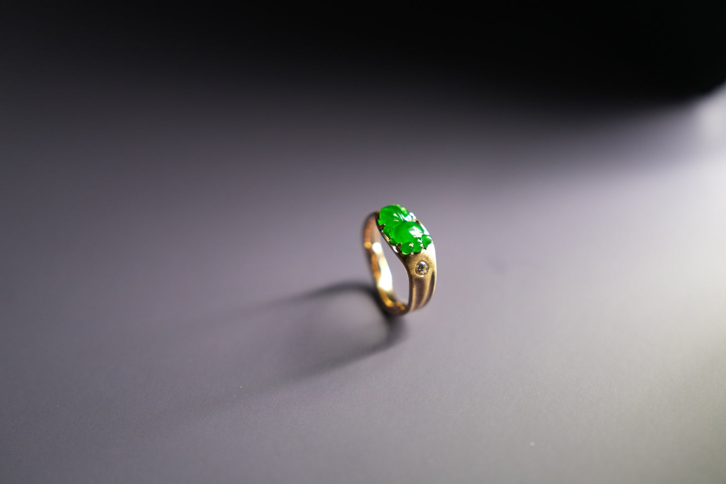 Bob’s Carved Imperial Jade Goldfish Toi et Moi and Nelson's Hand-Engraved Two-Toned Triple Diamond Band