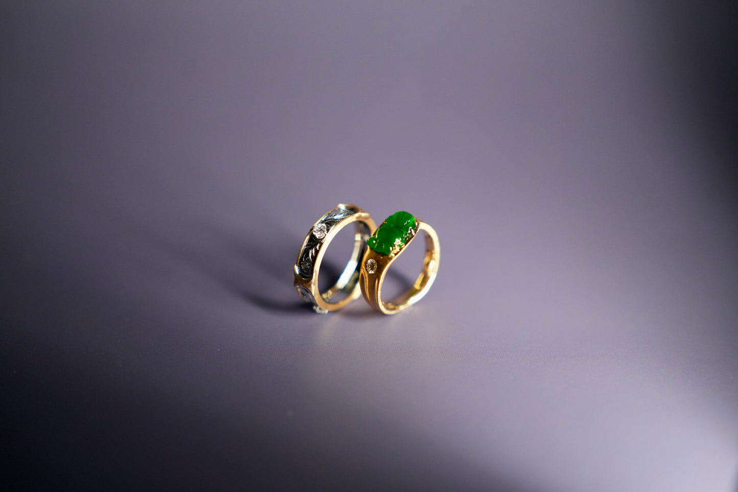 Bob’s Carved Imperial Jade Goldfish Toi et Moi and Nelson's Hand-Engraved Two-Toned Triple Diamond Band