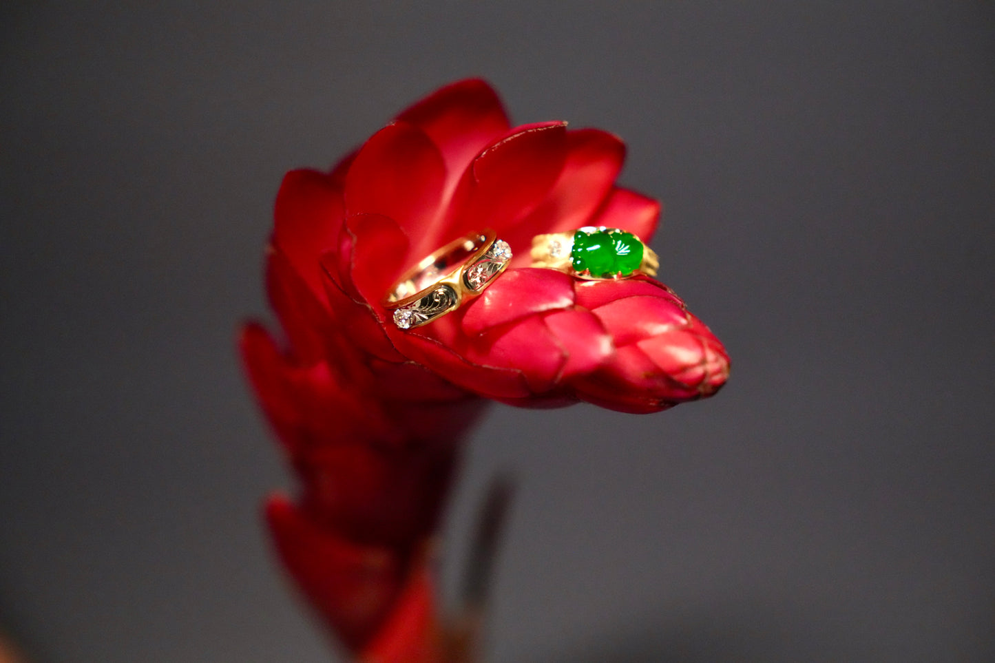 Bob’s Carved Imperial Jade Goldfish Toi et Moi and Nelson's Hand-Engraved Two-Toned Triple Diamond Band